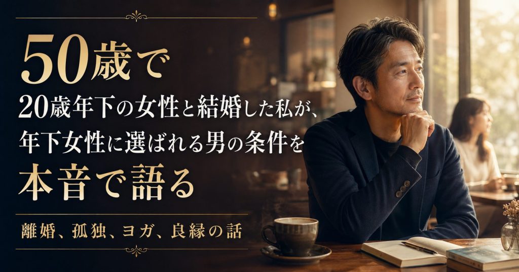 50歳で20歳年下の女性と結婚した男性の実体験をテーマにしたnote記事のアイキャッチ画像。離婚後の孤独、ヨガでの出会い、再婚、良縁、人生後半の結婚観を表現したサムネイル。