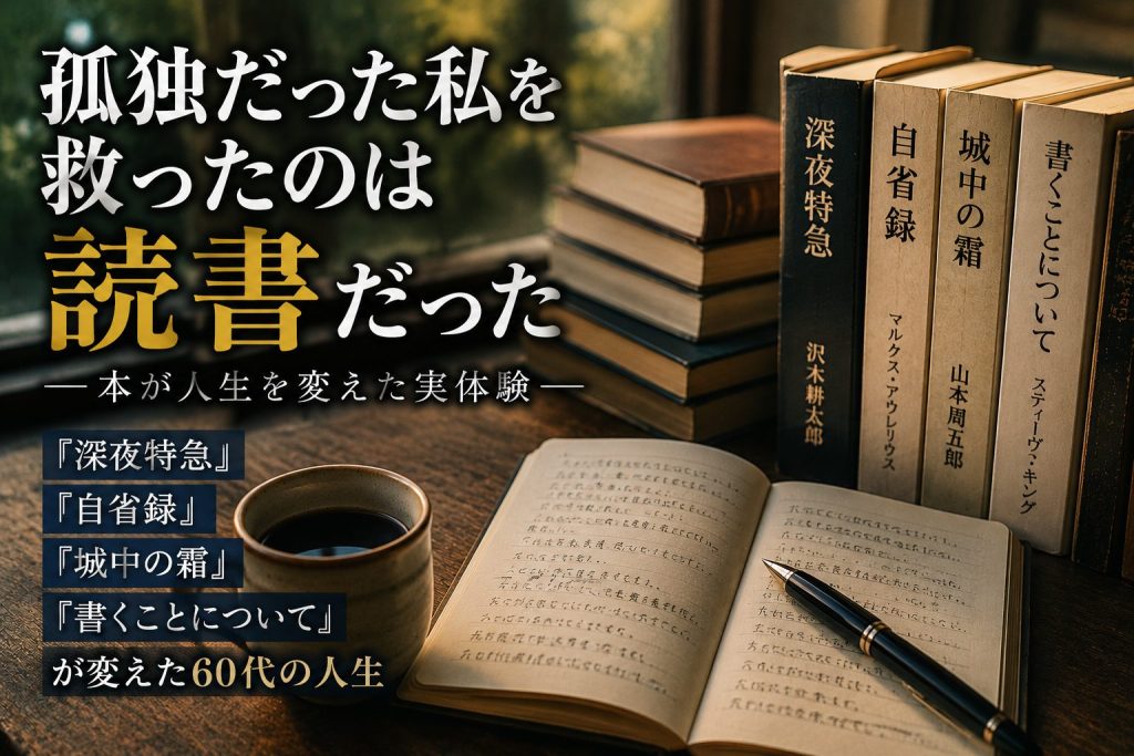 古い木の机に並ぶ『深夜特急』『自省録』『城中の霜』『書くことについて』をイメージした本と、開いたノートとコーヒー。孤独だった筆者を読書が救い、人生を変えていった実体験を表すアイキャッチ画像。