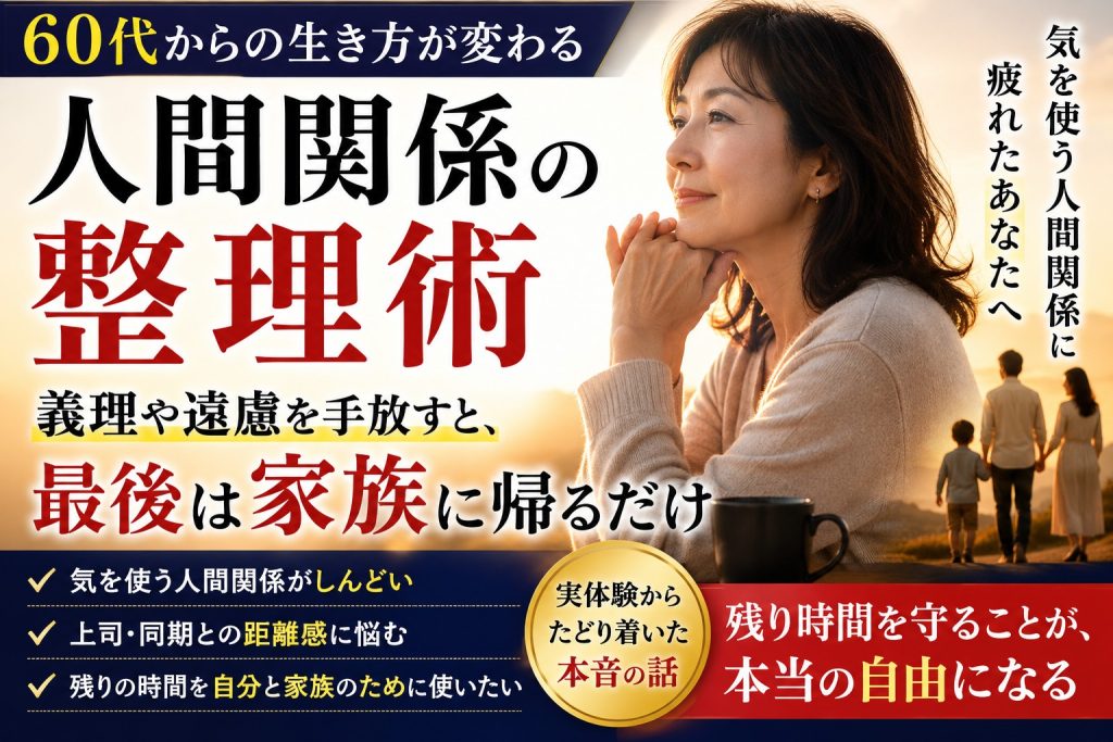 60代からの人間関係整理術をテーマに、老後は義理や遠慮より家族と命の輪に帰る大切さを表現したアイキャッチ画像